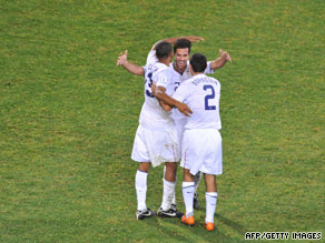 U.S. defender Jonathan Bornstein (2) and midfielders Ricardo Clark and Benny Feilhaber celebrate Wednesday.