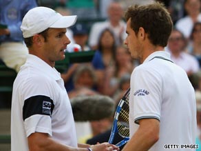 Roddick (left) and Murray embrace after the American prevailed in a classic Wimbledon semifinal.