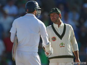 Man of the match Ricky Ponting, right, congratulates England batsman James Anderson after the draw.