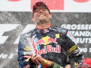 Mark Webber celebrates after clinching his maiden victory in 130 races, a record for a first-time winner.