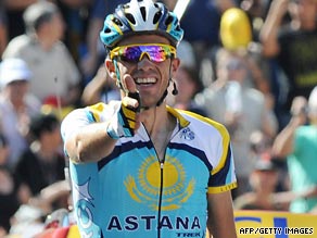 Alberto Contador celebrates after his superb stage 15 victory saw him take the Tour de France yellow jersey.
