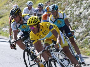 Alberto Contador, in yellow, leads Astana teammates Lance Armstrong, left, and Andreas Kloden.