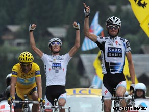 The Schleck brothers celebrate Frank's stage victory as yellow jersey Contador extends his overall race lead.