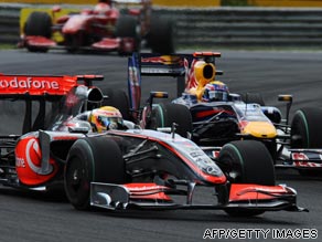 Lewis Webber overtakes Mark Webber early on after starting the Hungarian GP from fourth on the grid.