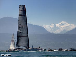 Alinghi's America's Cup yacht was unveiled on Lake Geneva with Mont Blanc in the background.