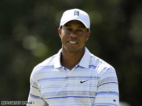 Tiger Woods reacts to one of his shots during second-round action at the U.S. PGA Champiionship.