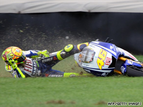 Valentino Rossi ploughed into the grass alongside the Indianapolis circuit when he crashed out.