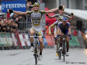 Andre Greipel of Team Columbia celebrates as he wins the 225km fourth stage of the Tour of Spain.