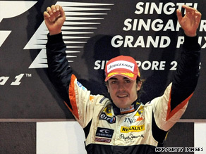 Fernando Alonso celebrates his disputed victory in last September's Singapore F1 Grand Prix.