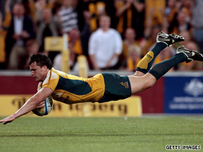 Adam Ashley-Cooper goes over for Australia's opening try in their victory over South Africa.