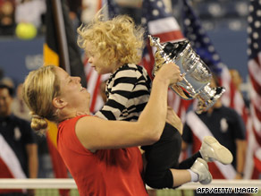 Kim Clijsters celebrates a point during her victory over Denmark's Caroline Wozniacki on Sunday.