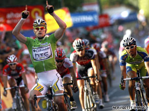 Andre Greipel celebrates after coming home first in a sprint finish to Tuesday's 16th stage in Spain.