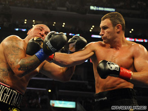 Klitschko (right) lands a powerful right-hand on his way to victory over Cristobal Arreola in Los Angeles.