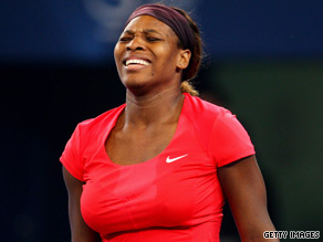 Serena Williams shows her anguish after losing to Nadia Petrova in the China Open in Beijing.
