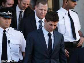 Gerrard leaves court on Friday after pleading not guilty to actual bodily harm and affray.