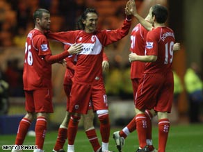 Tuncay (center) celebrates Middlesbrough's second goal in their 2-0 victory over West Ham.