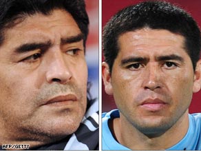 Maradona (left) and Riquelme are at odds after he left the Boca player out of a friendly.