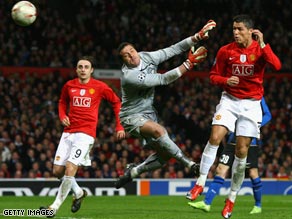 Ronaldo heads his first European goal since the Champions final win last May to put United in the last eight.