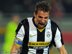 Alessandro Del Piero celebrates the first of his two goals in Juventus' 4-1 victory over Bologna.