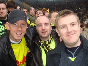 Matthew Gerrard (right) enjoying the convivial atmosphere of Borussia Dortmund's Signal Iduna Park.