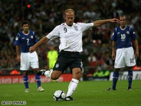 Alan Shearer pictured taking part in a charity football match at Wembley in September 2008.
