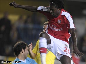 Emmanuel Adebayor's goal has put Arsenal on course for a place in the Champions League semifinals.