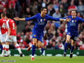 Cristiano Ronaldo celebrates scoring United's second goal as they reached the Champions League final.