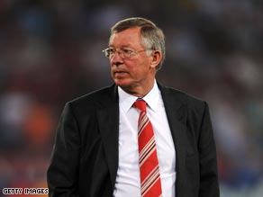 A dejected Ferguson trudges off after his team were beaten in Rome.