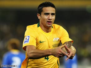 Tim Cahill celebrates his first goal in Australia's 2-1 win over South Korea.