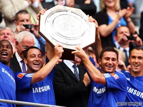 Chelsea collect the Community Shield after defeating Manchester United on penalties at Wembley.