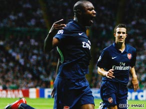 William Gallas celebrates scoring Arsenal's opening goal in their 2-0 Champions League victory at Celtic.