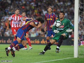 Bojan heads home Barcelona's opener in the Camp Nou.