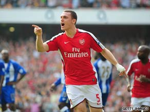 Vermaelen celebrates his opener for Arsenal at the Emirates in the 4-0 win.