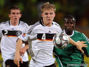 Germany's Florian Jungwirth challenges for the ball during the thrilling 3-2 victory over Nigeria in Suez.