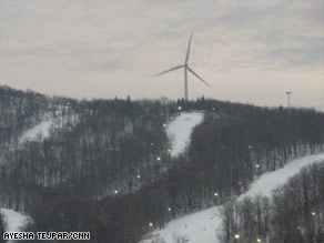 The Zephyr wind turbine towers over Jiminy Peak Mountain Resort in Massachusetts.