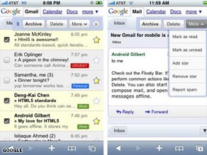 Google's new Web-based version of Gmail, seen here for the iPhone, offers improved features.