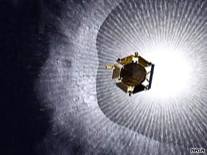 A NASA rendering of the LCROSS spacecraft entering a debris plume on its way to the moon.