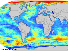 Red areas on this map show regions that are expected to have the greatest increase in fish populations by 2050.