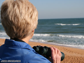 Volunteers look for right whales from a restaurant balcony. Others spot whales from high-rise condos.