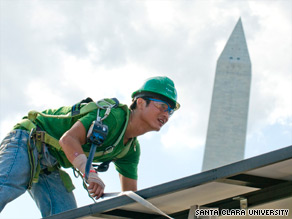 A member of Team California at a work on the Refract House for the Solar Decathlon in Washington D.C.