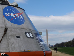 NASA displayed a mockup of its Orion crew module on the National Mall on Monday.