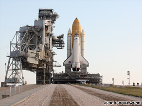 Space shuttle Endeavour is rolled out to its launch pad at the Kennedy Space Center.