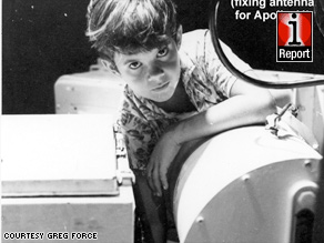 At age 10, Greg Force reaches his arm into a tiny hole to fix an antenna crucial to Apollo 11.