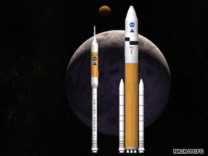 This concept image shows Ares I, left, Constellation's crew launch vehicle, and Ares V, the cargo launch vehicle.