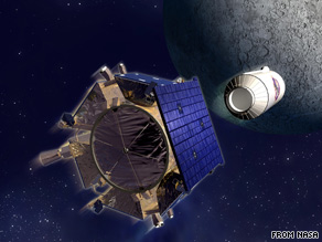 An artist's rendering shows the LCROSS spacecraft, left, separating from its Centaur rocket.