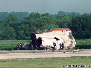 Part of a United Airlines DC-10 lies next to the runway in Sioux City, Iowa, after the plane crashed in July 1989.