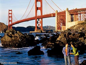 The Golden Gate Bridge anchors one leg on the Presidio's shores.