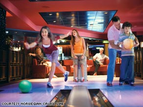 A family bowls on a Norwegian cruise ship. Many companies are offering discounts and credits for spring travel.