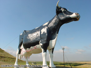 Salem Sue stands watch in New Salem, North Dakota. She measures 38 feet tall and 50 feet long.