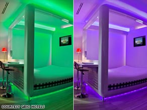 Qbic hotels have a clever lighting concept -- Deep Purple Love, anyone? You can pick the color you like, or turn them off altogether.